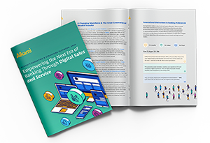 Open marketing booklet from Alkami, showing a green cover with tech illustrations and internal pages with text and charts.