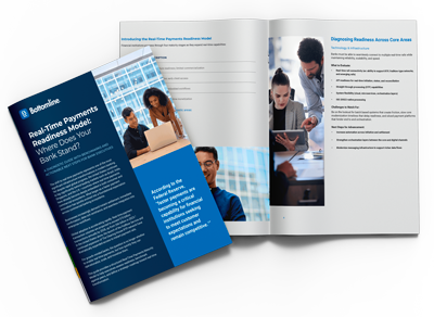 A financial services guide on real-time payments readiness, open to a page discussing technology and infrastructure, with its cover visible.