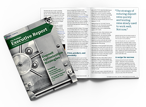 Report cover for 'Executive Report: Deposit Optimization Strategies' featuring a safe, with open pages showing an article.