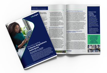 A brochure titled 'Five Fair Lending Criteria Regulators Anticipate' with a woman looking at a tablet on the cover, next to an open two-page spread.