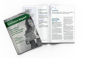 A Prolight Executive Report titled "Operational Excellence Through People and Processes," open to articles on fraud and behavior.