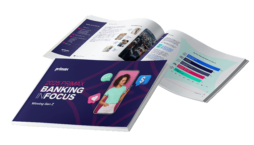 A Primax Banking InFocus report for 2025 titled 'Winning Gen Z', with an open report showing data and graphs behind it.
