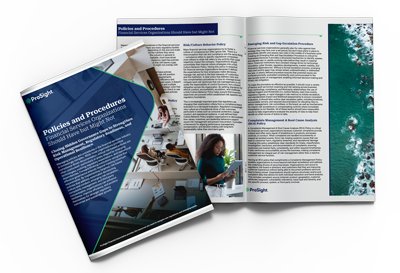 An open ProSight brochure displaying financial policies and procedures, with images of office workers and ocean waves.