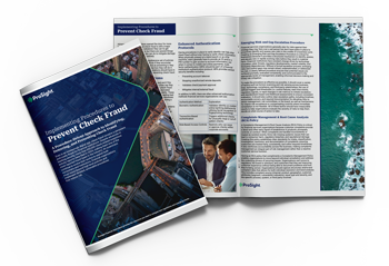 A brochure titled "Implementing Procedures to Prevent Check Fraud" by ProSight, showing an aerial city view on the cover.
