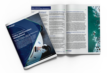 White paper cover titled 'How to Utilize AI for Policy and Procedure Management' by ProSight, next to an open spread of the document.